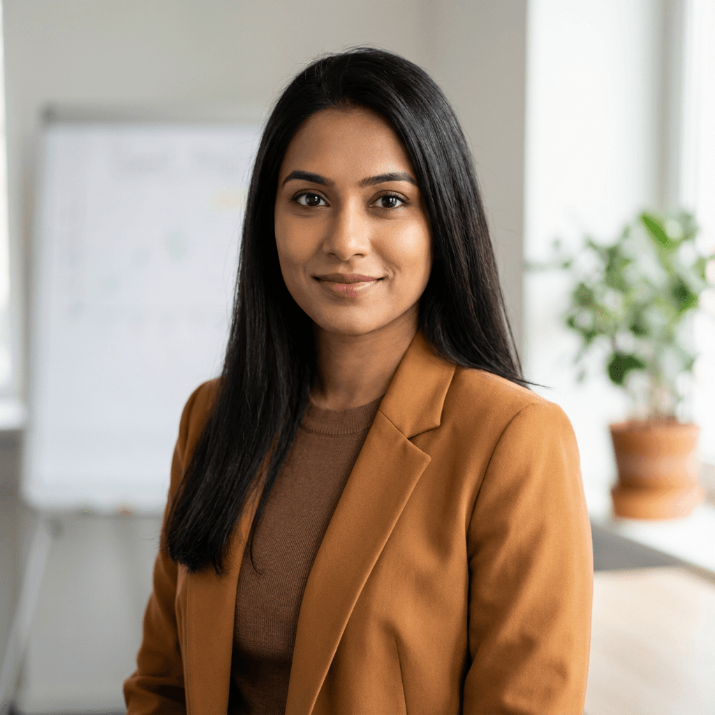Anika Sharma smiling in a bright office with a whiteboard and laptop