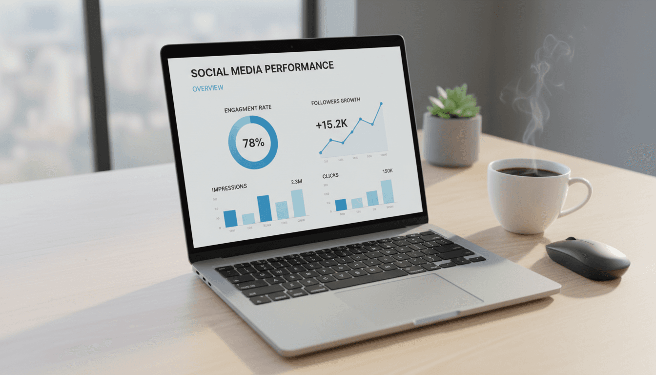 Laptop displaying social media analytics dashboard on a desk