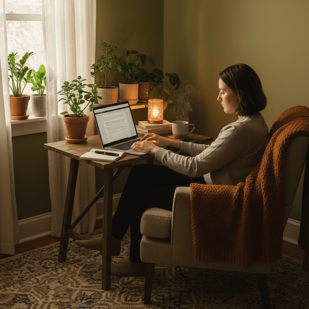 Person working on a laptop in a home office with a cup of tea