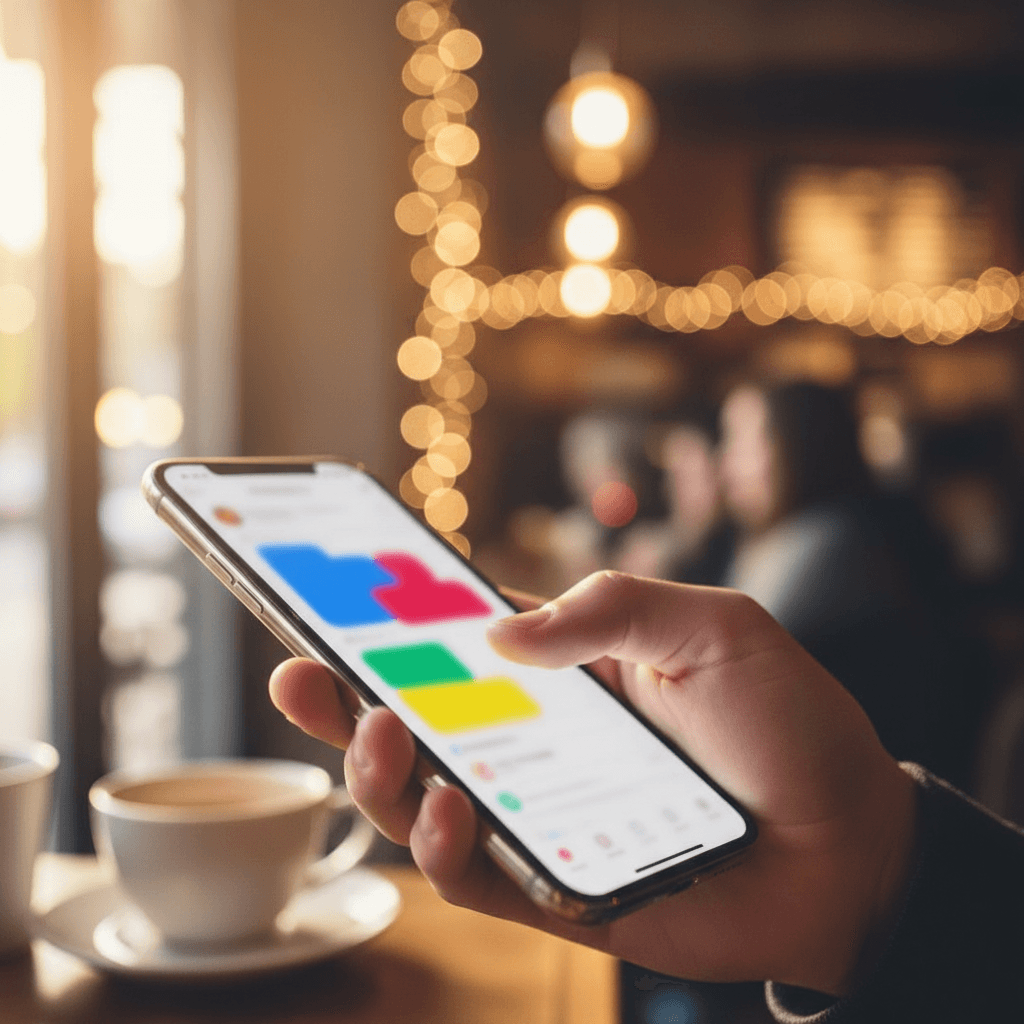Hand holding smartphone with social media feed on screen in a cozy coffee shop