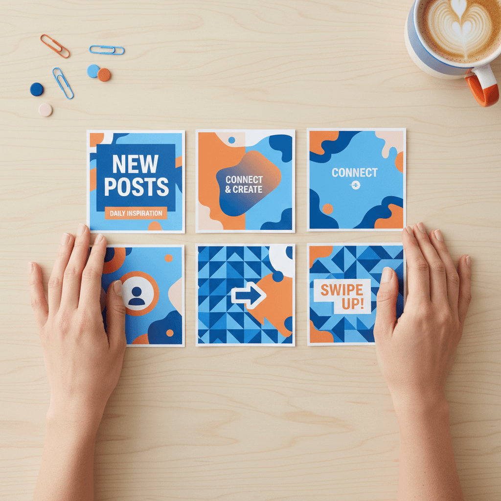 Hands arranging printed social media content mockups on a desk
