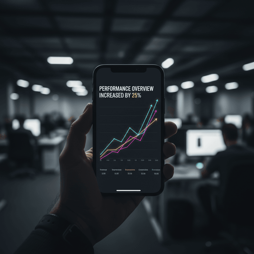 Smartphone showing social media ad analytics chart with upward trend