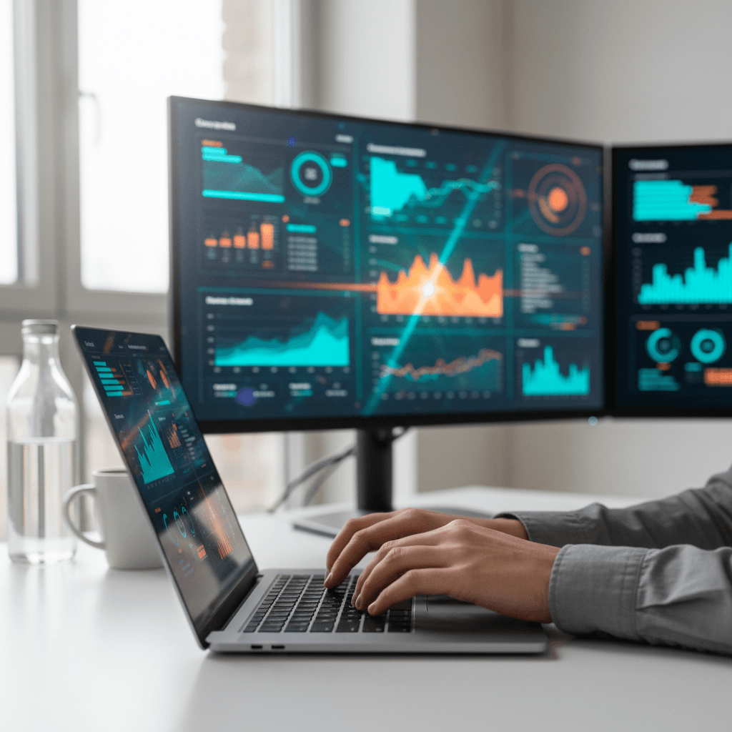 A professional analyzing a performance report with graphs and key metrics on a large monitor in a bright office