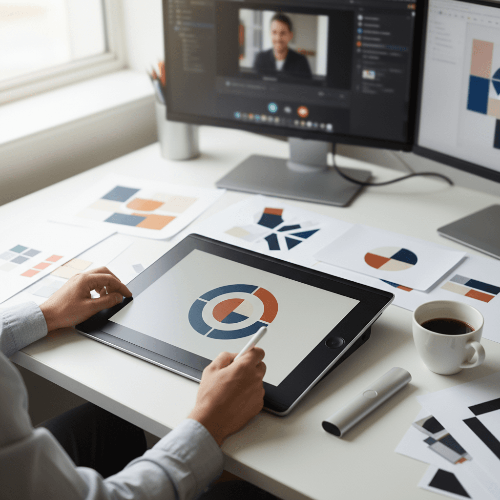 Graphic design workspace with tablet and ad mockups