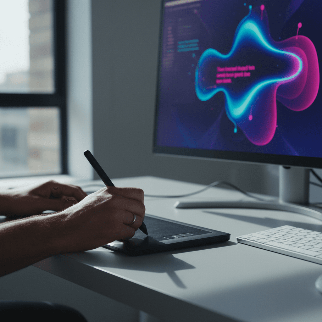 A designer creating visually appealing social media graphics on a tablet with a stylus, vibrant color palette visible on screen