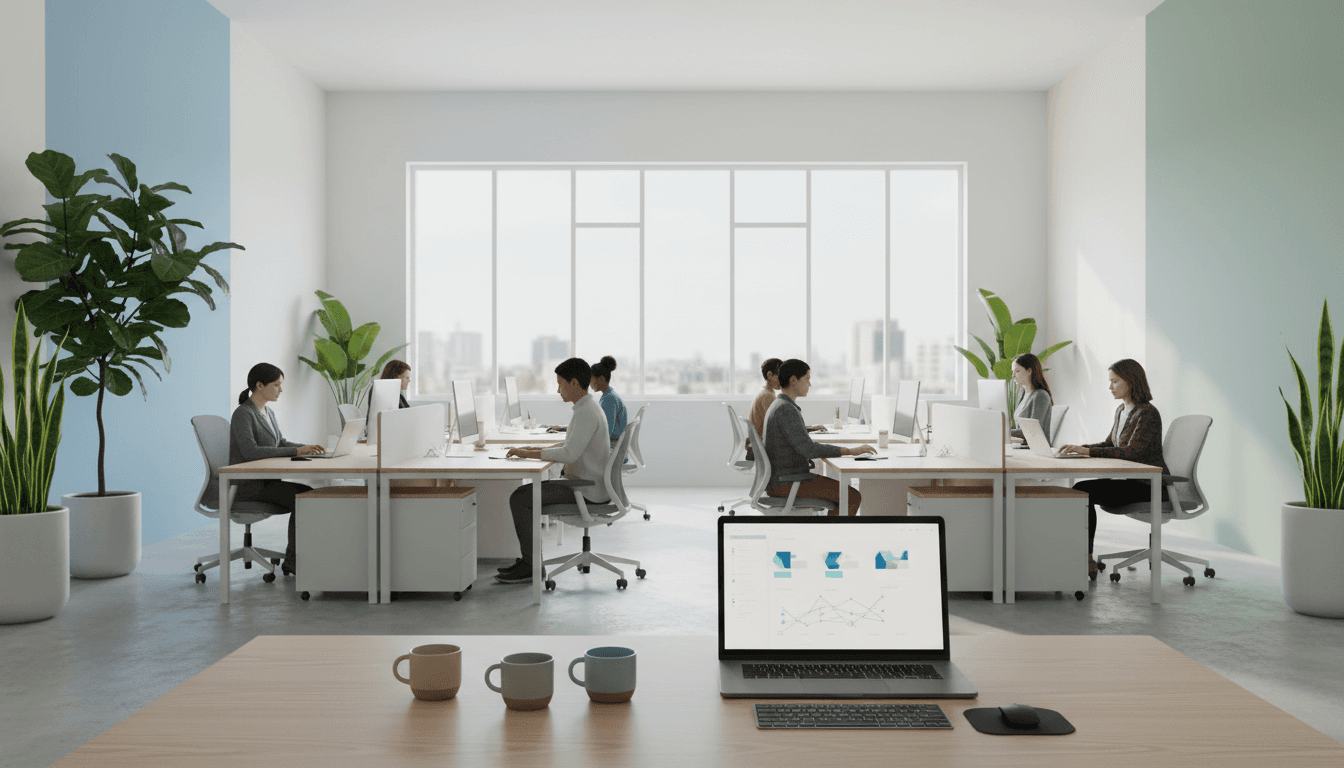 young professionals collaborating around a laptop in a modern sunlit office