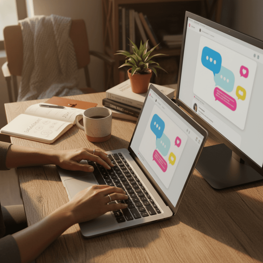 A social media manager replying to customer comments and messages on a laptop, fostering community interaction