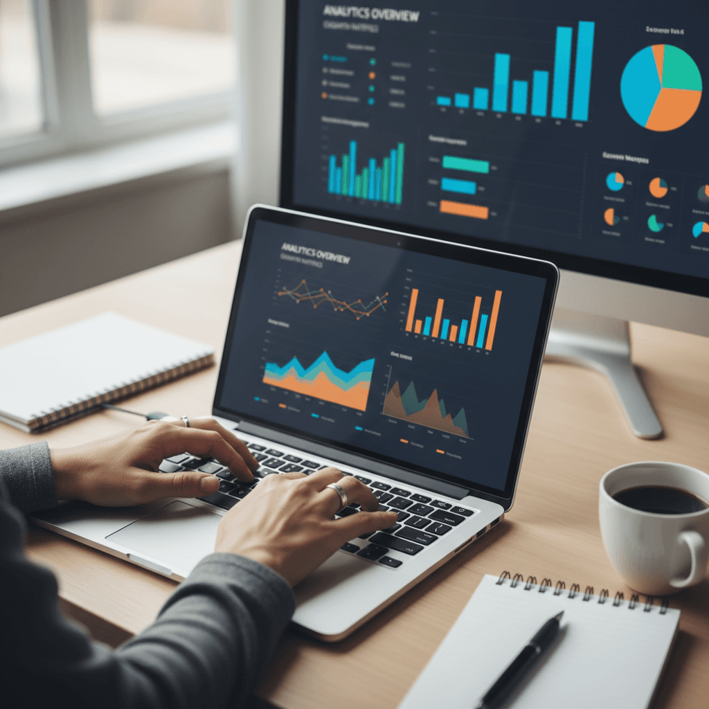 Hands on a laptop showing a social media analytics dashboard in a bright, modern office