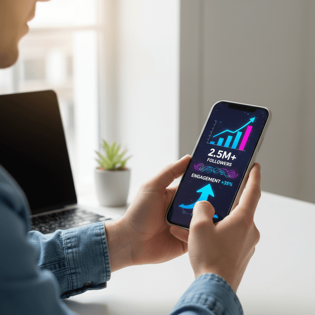 close up of a hand holding a smartphone showing a blurred social media analytics dashboard on a desk in an office