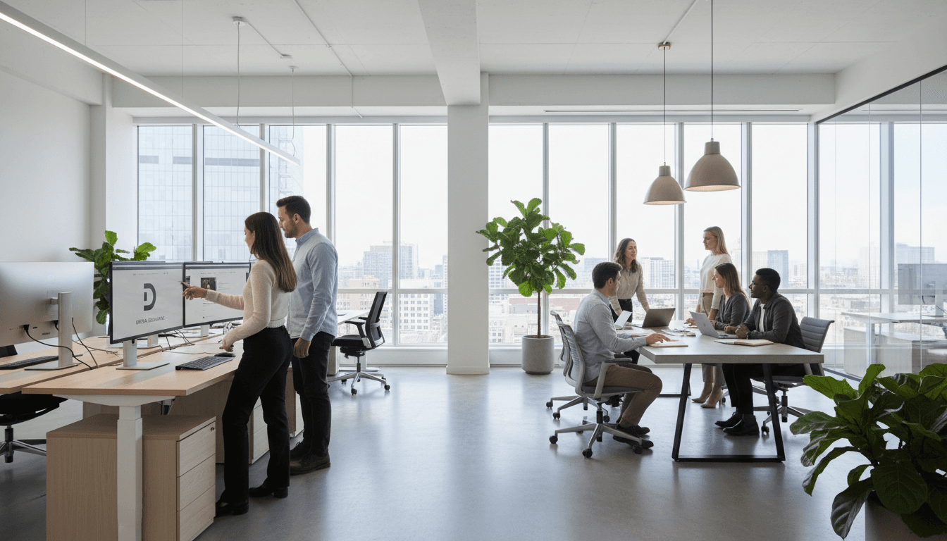 Modern office workspace with laptop and whiteboard in Gurugram